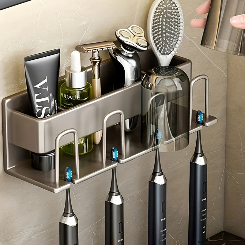 Wall-Mounted Aluminum Bathroom Organizer – Toothbrush & Mouthwash Cup Holder (2/3/4 Slots)
