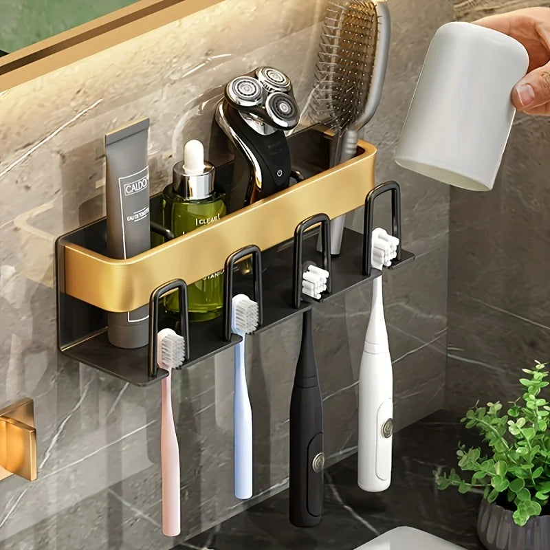 Wall-Mounted Aluminum Bathroom Organizer – Toothbrush & Mouthwash Cup Holder (2/3/4 Slots)
