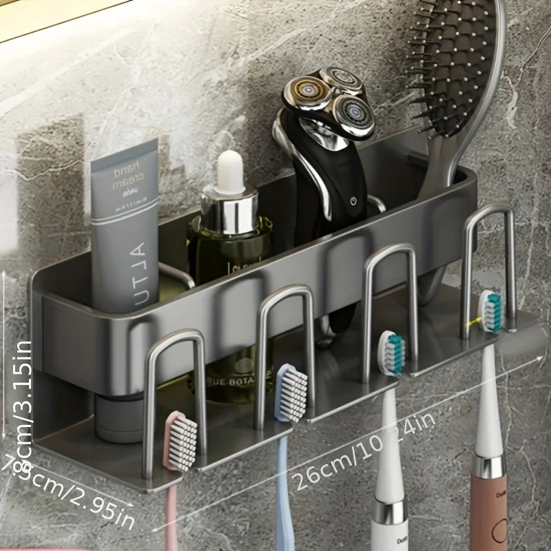 Wall-Mounted Aluminum Bathroom Organizer – Toothbrush & Mouthwash Cup Holder (2/3/4 Slots)
