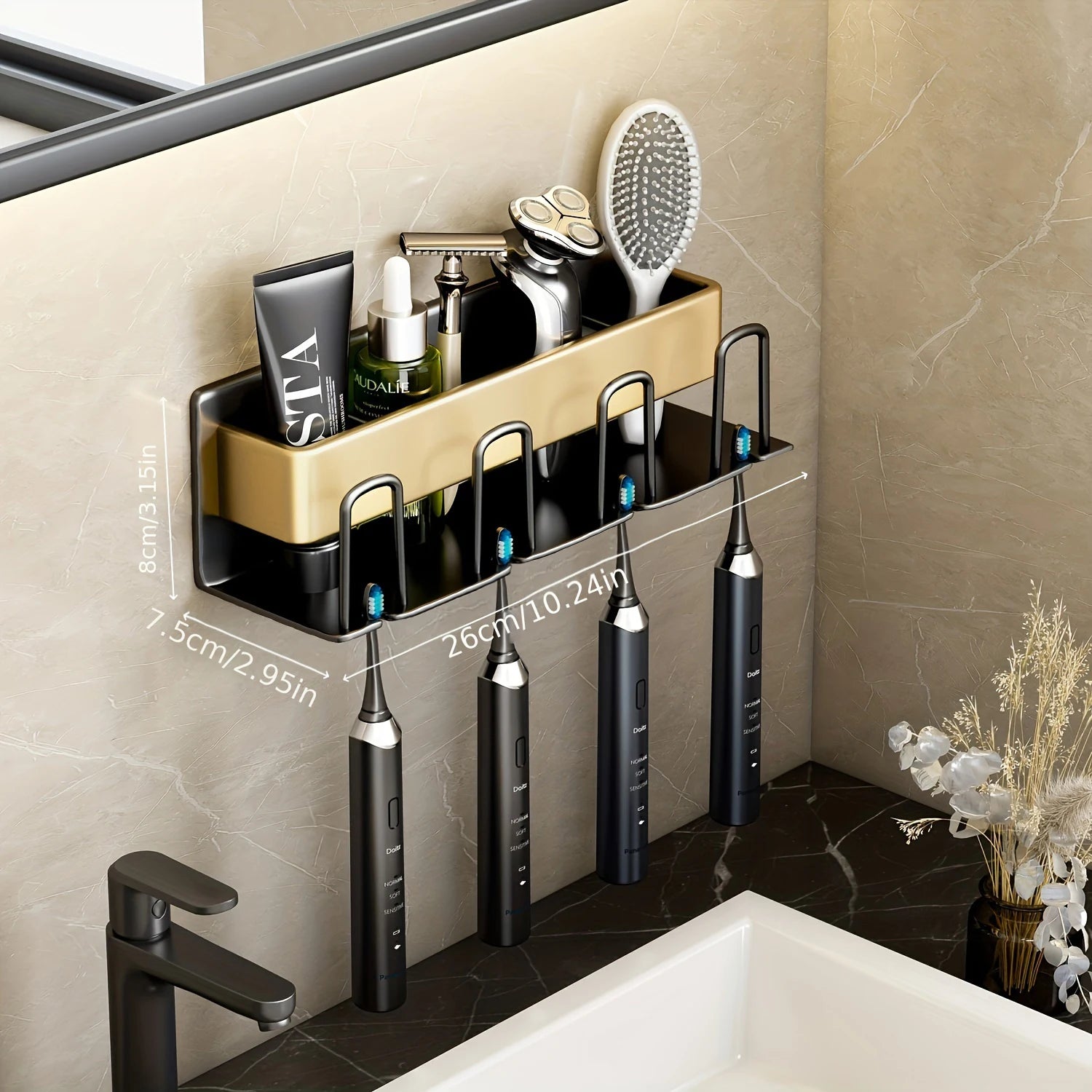 Wall-Mounted Aluminum Bathroom Organizer – Toothbrush & Mouthwash Cup Holder (2/3/4 Slots)