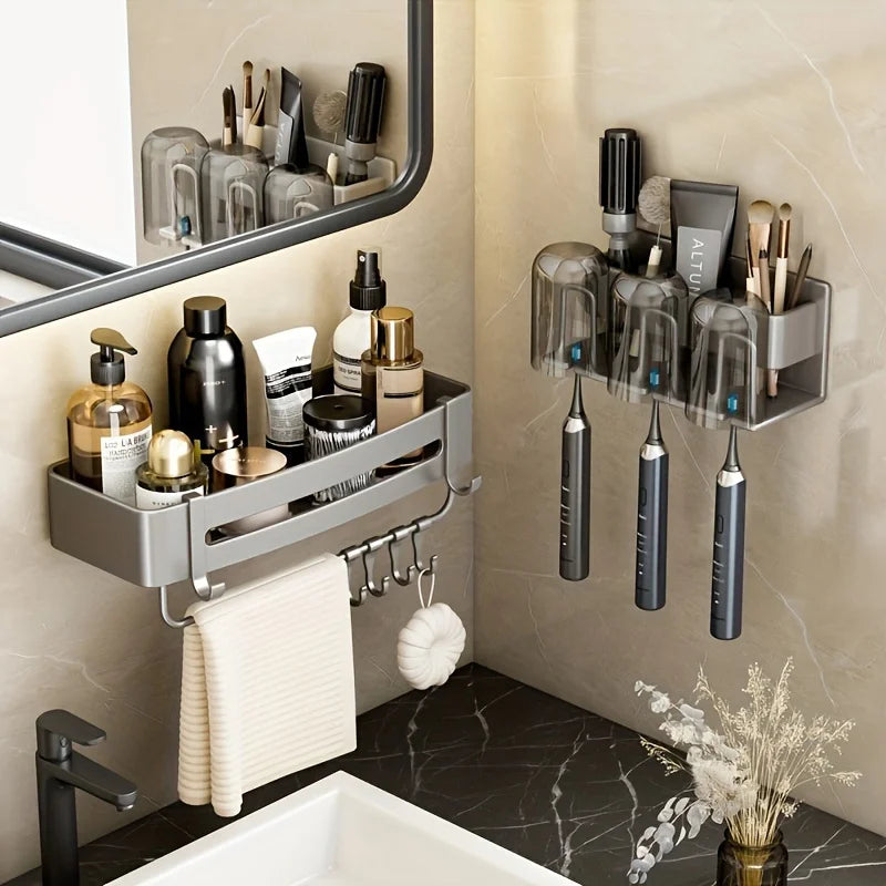 Wall-Mounted Aluminum Bathroom Organizer – Toothbrush & Mouthwash Cup Holder (2/3/4 Slots)