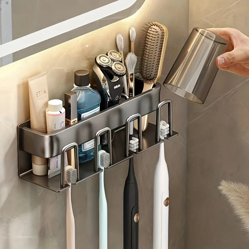Wall-Mounted Aluminum Bathroom Organizer – Toothbrush & Mouthwash Cup Holder (2/3/4 Slots)